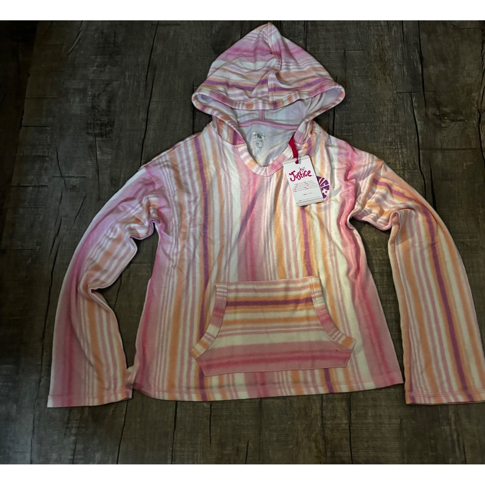 NWT Justice Girls Tie Dye Stripe Hoodie Hooded Pullover Pocket‎ Top Size M